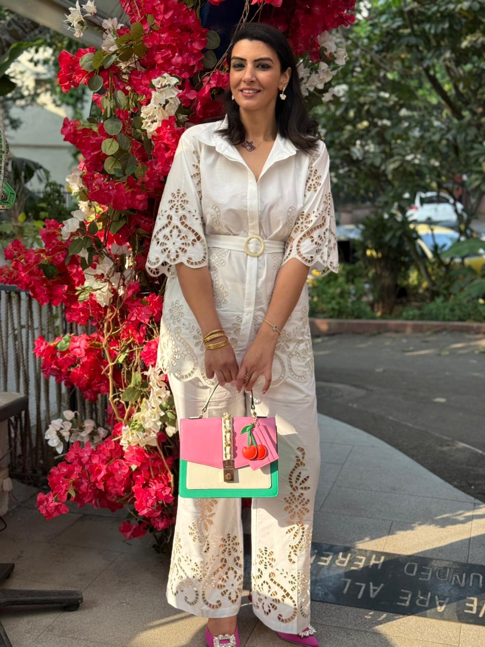 Payal Sewani  in The Casablanca Ivory White Cutwork Shirt & Pant Set