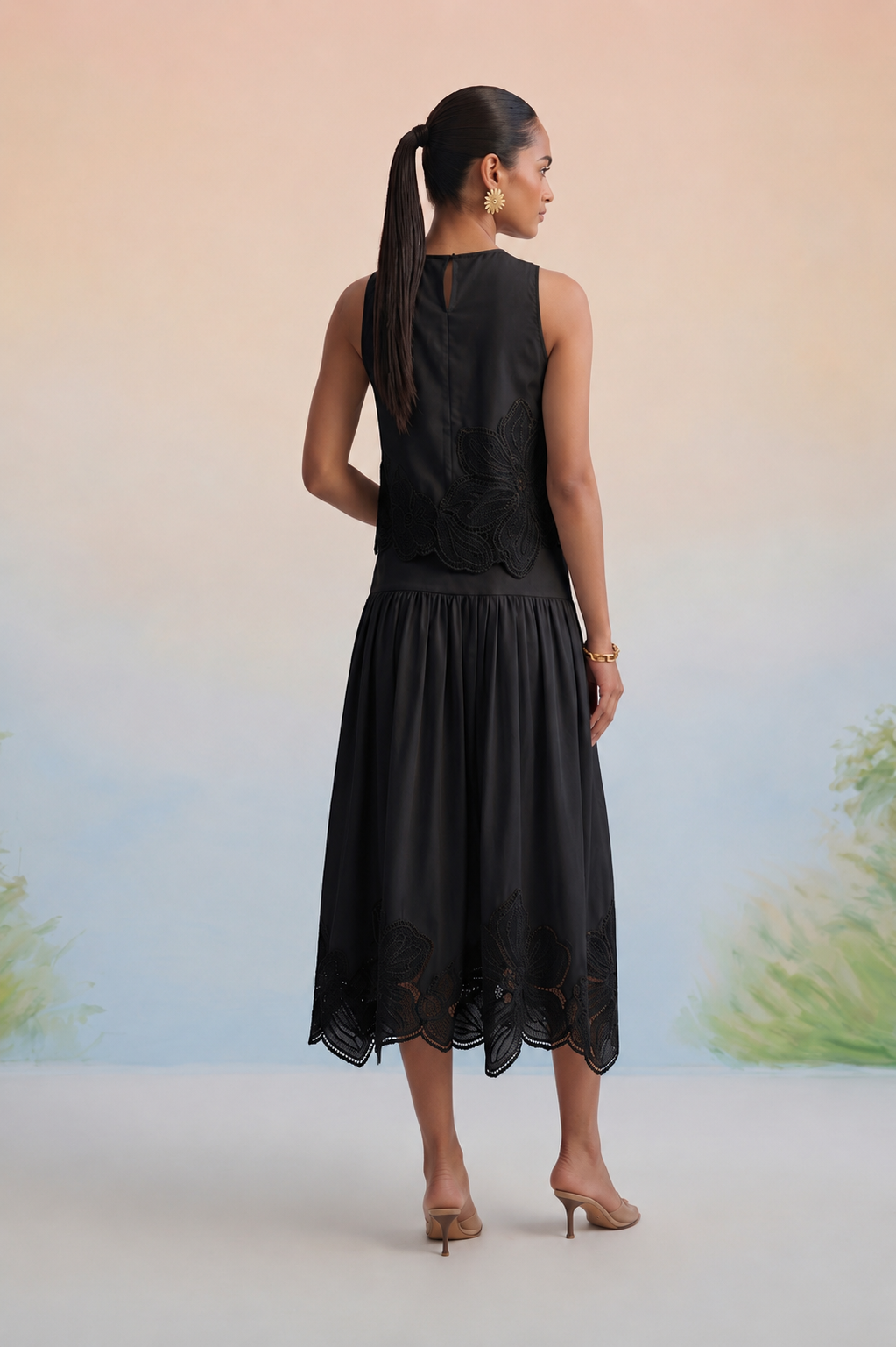 The Onyx Black Floral Appliqué Skirt Set
