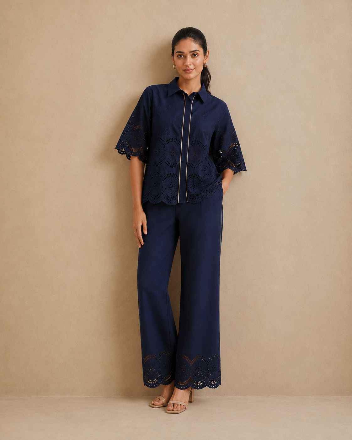 The Marlowe Navy Eyelet Shirt & Trouser Set