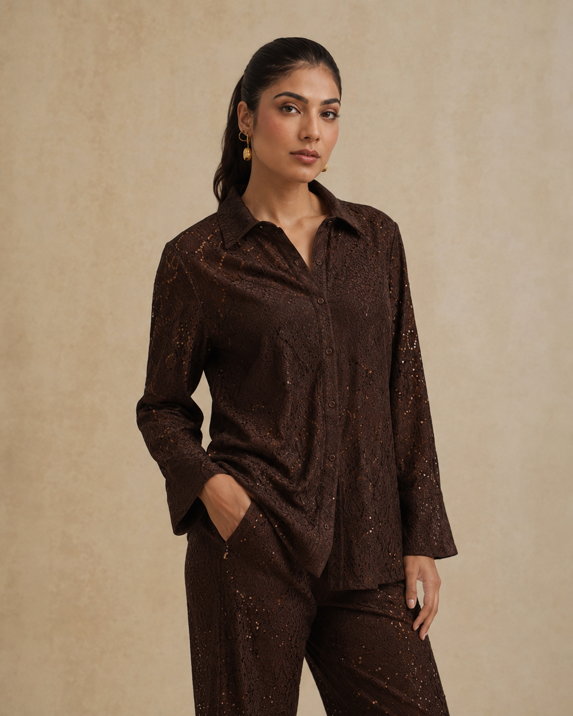 Mitthi Mehta in The Havana Espresso Raschel Shirt Set