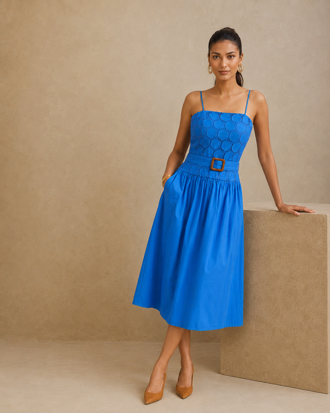 Sunset Soiree - The Cobalt Circular Eyelet Fit & Flare Midi Dress
