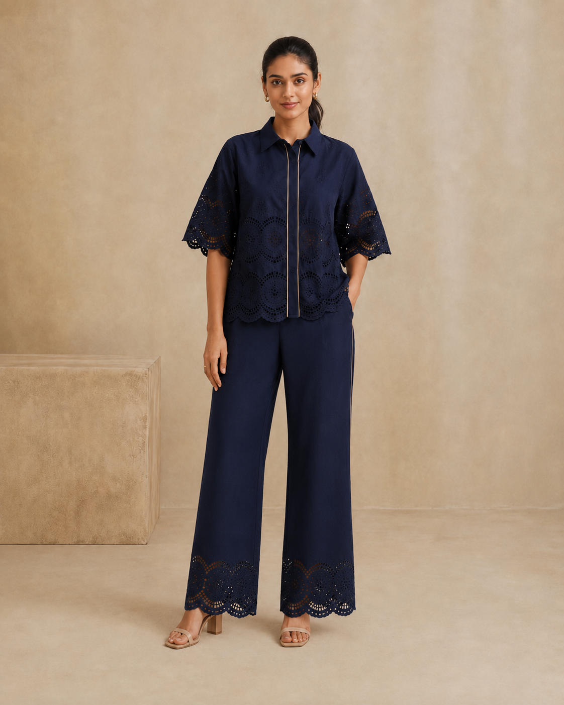 The Marlowe Navy Eyelet Shirt & Trouser Set