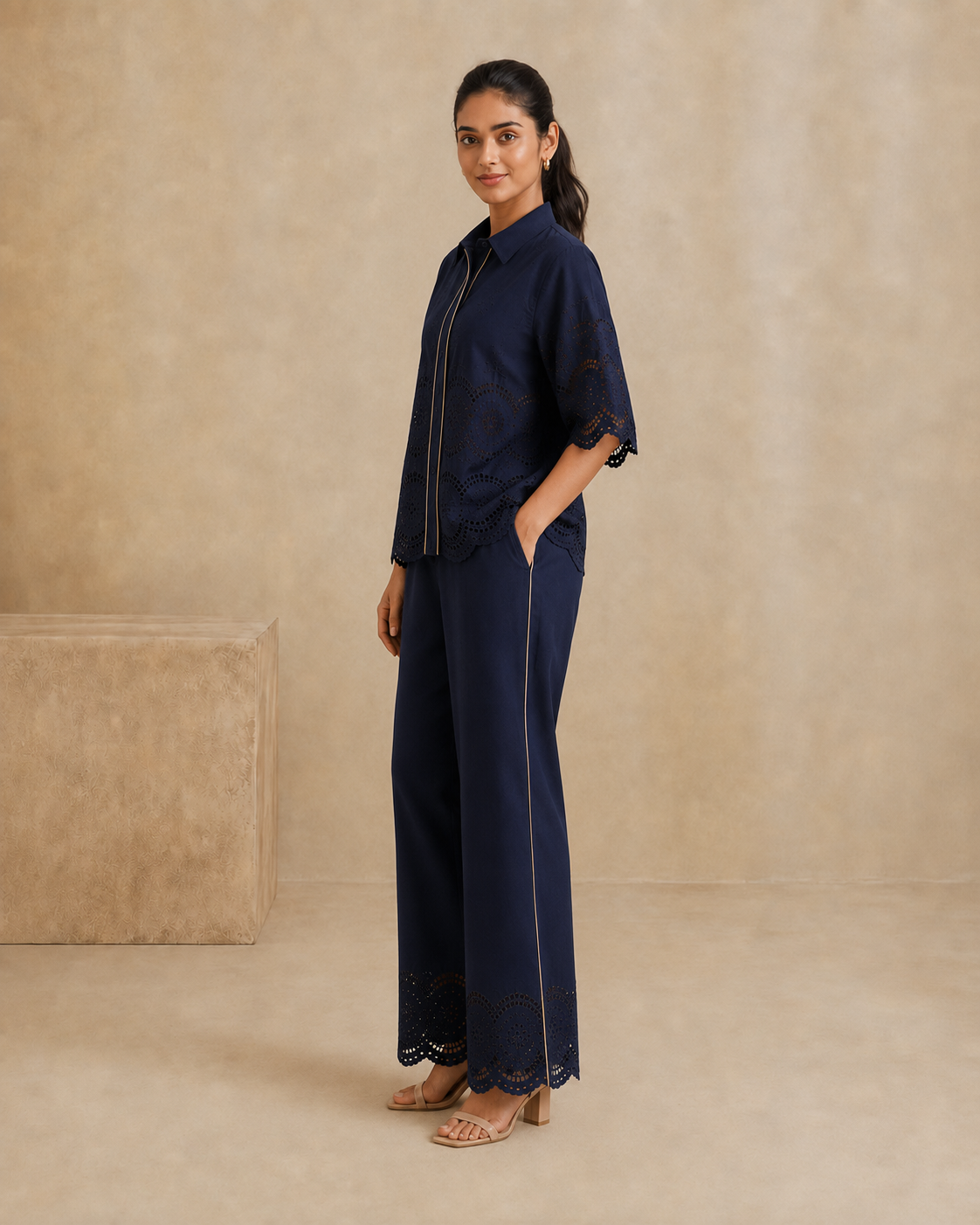 The Marlowe Navy Eyelet Shirt & Trouser Set