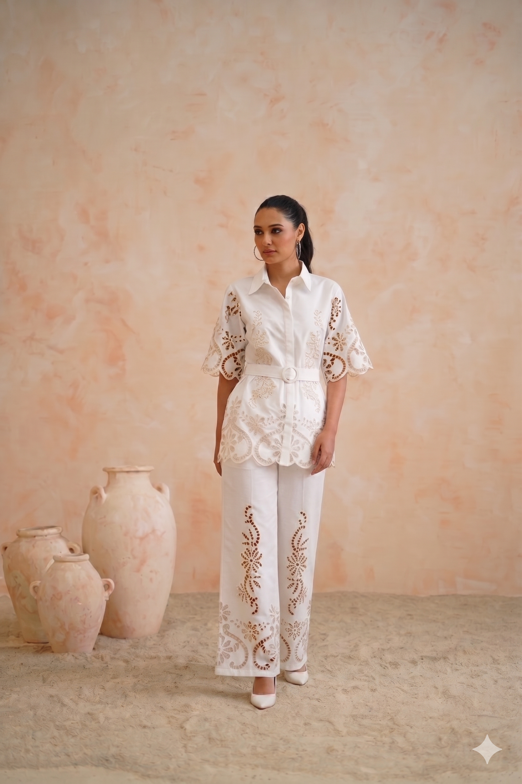 Tropical Oasis - The Casablanca Ivory White Cutwork Shirt & Pant Set