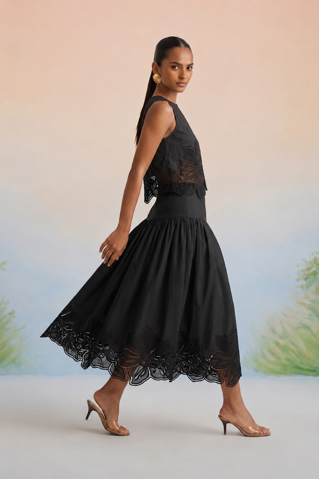Bulevar Blossom - The Onyx Black Floral Appliqué Skirt Set