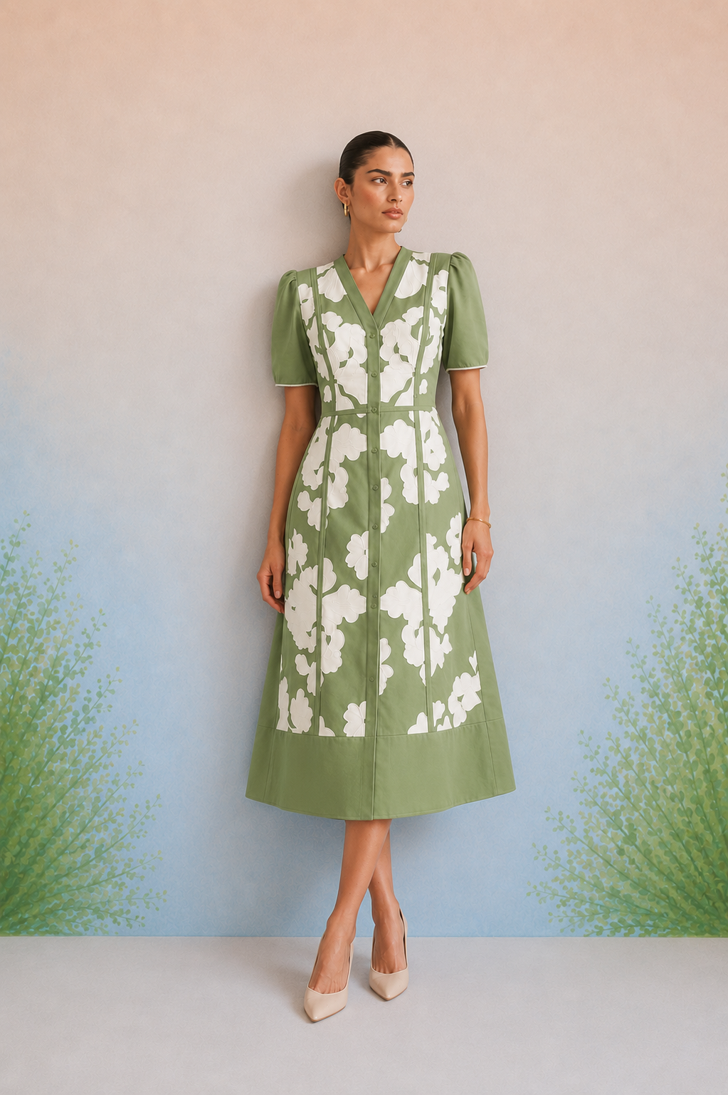 Bulevar Blossom - The Eden Green Appliqué Midi Dress