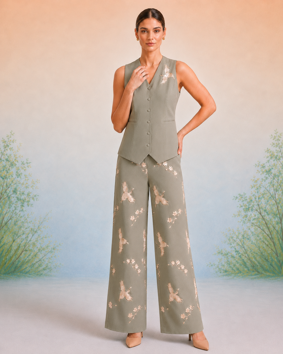 Bulevar Blossom - The Aveline Sage Crane Vest Set