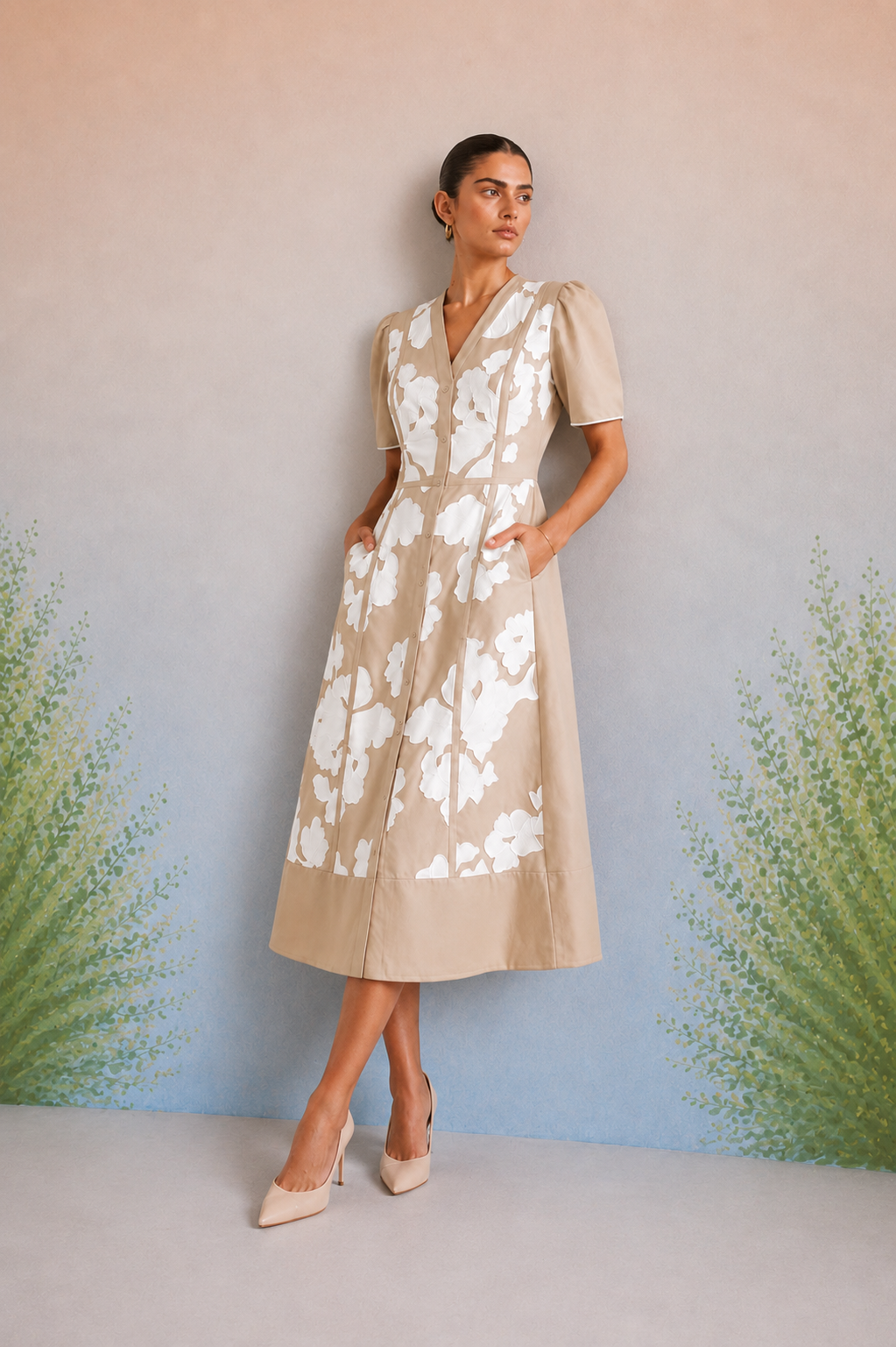 Bulevar Blossom - The Vienna Beige Appliqué Midi Dress