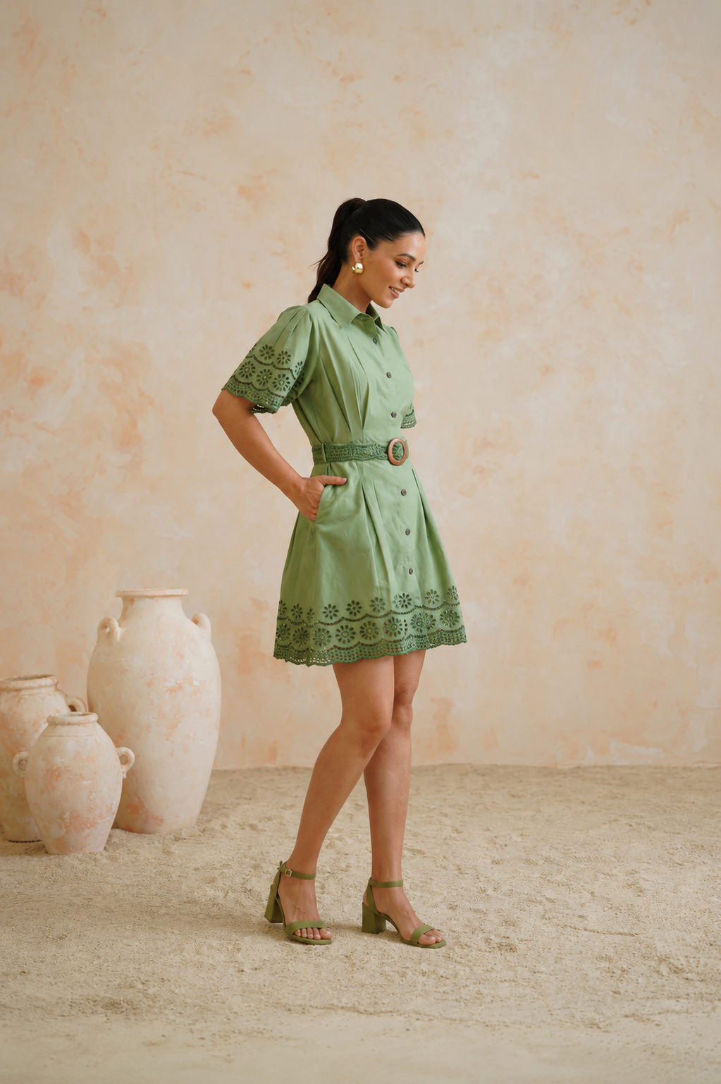 The Willow Green Eyelet Belted Mini Dress