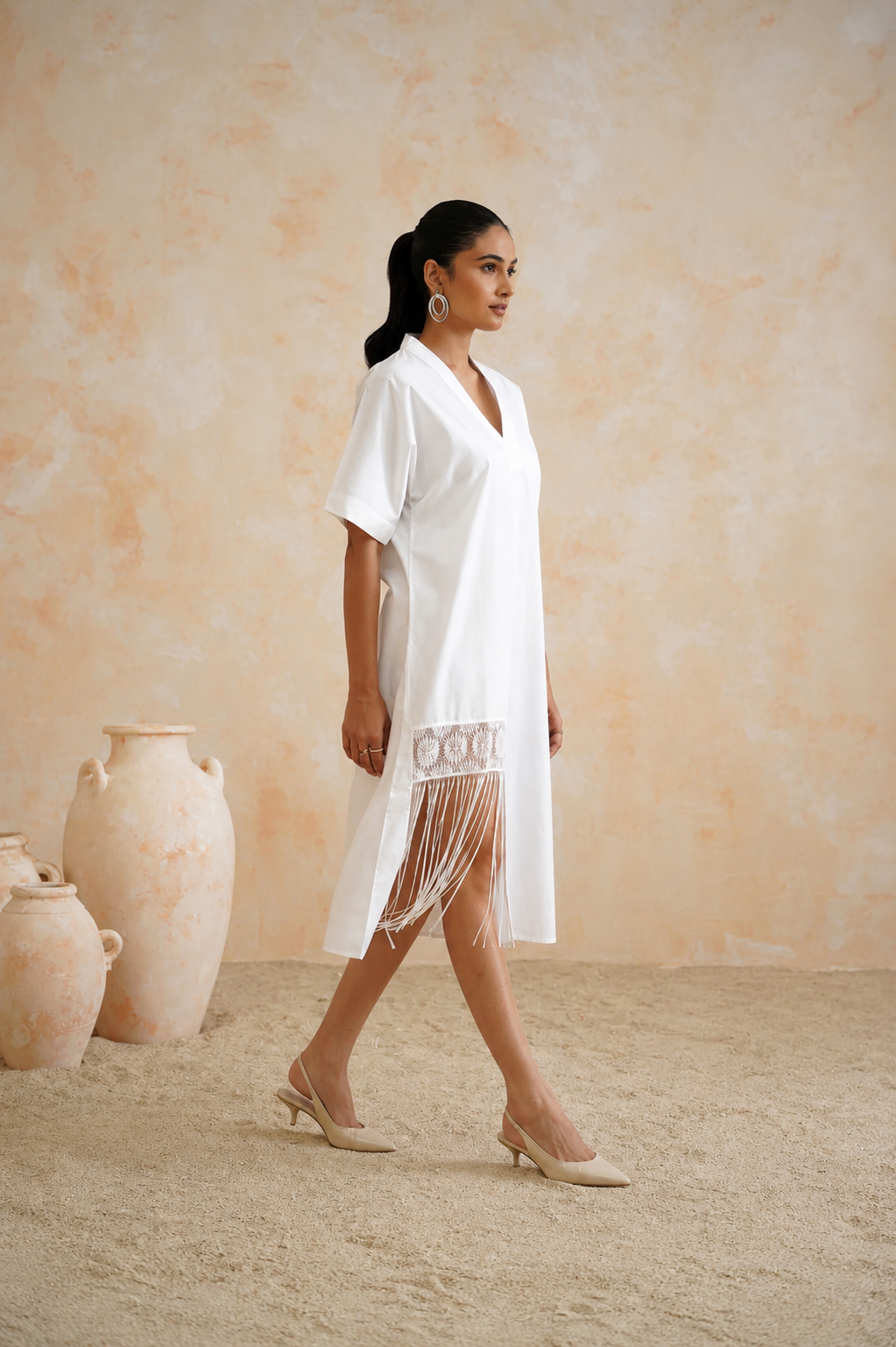Tropical Oasis - The White Fringe Midi Dress