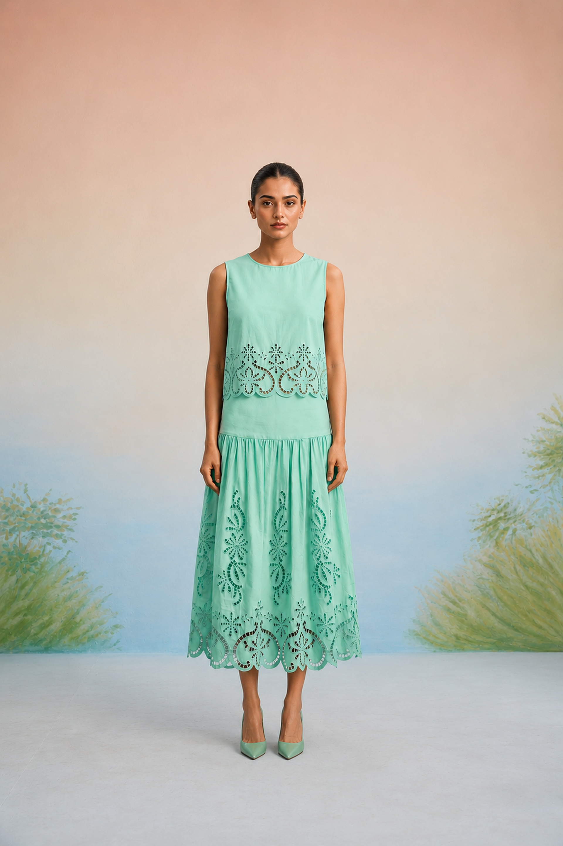 Bulevar Blossom - The Amalfi Mint Cutwork Skirt Set