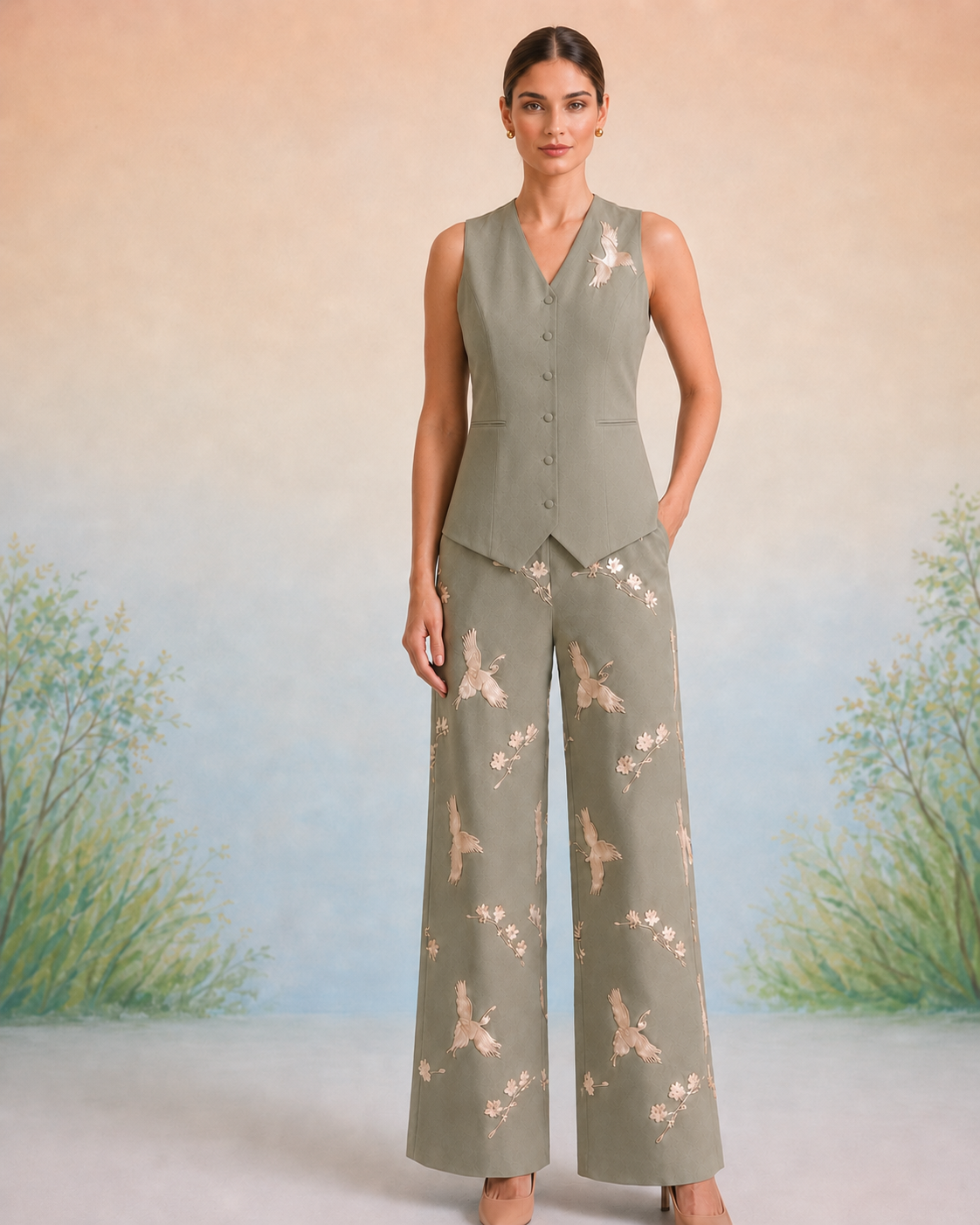 Bulevar Blossom - The Aveline Sage Crane Vest Set
