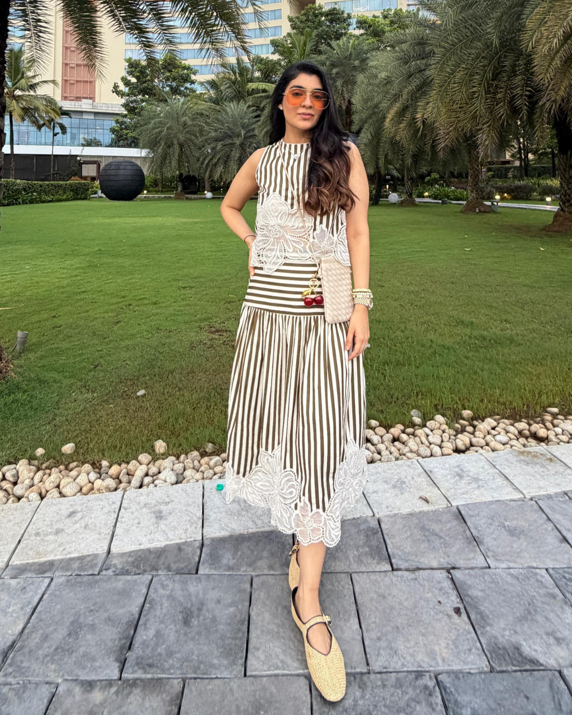 Srishti Chhabria | TheCisterCo in The Olive Stripe Floral Appliqué Ensemble: Two-Piece Skirt Set