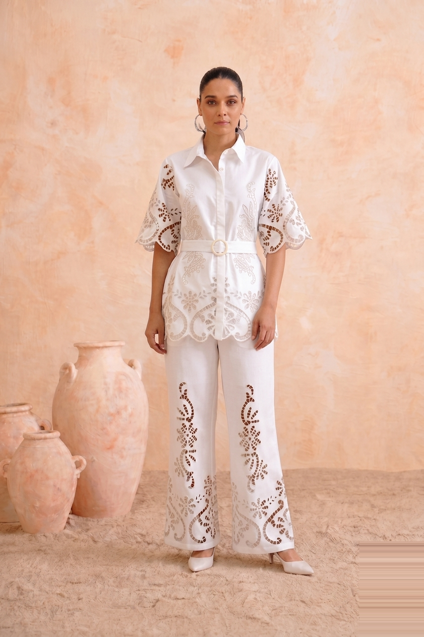 Tropical Oasis - The Casablanca Ivory White Cutwork Shirt & Pant Set