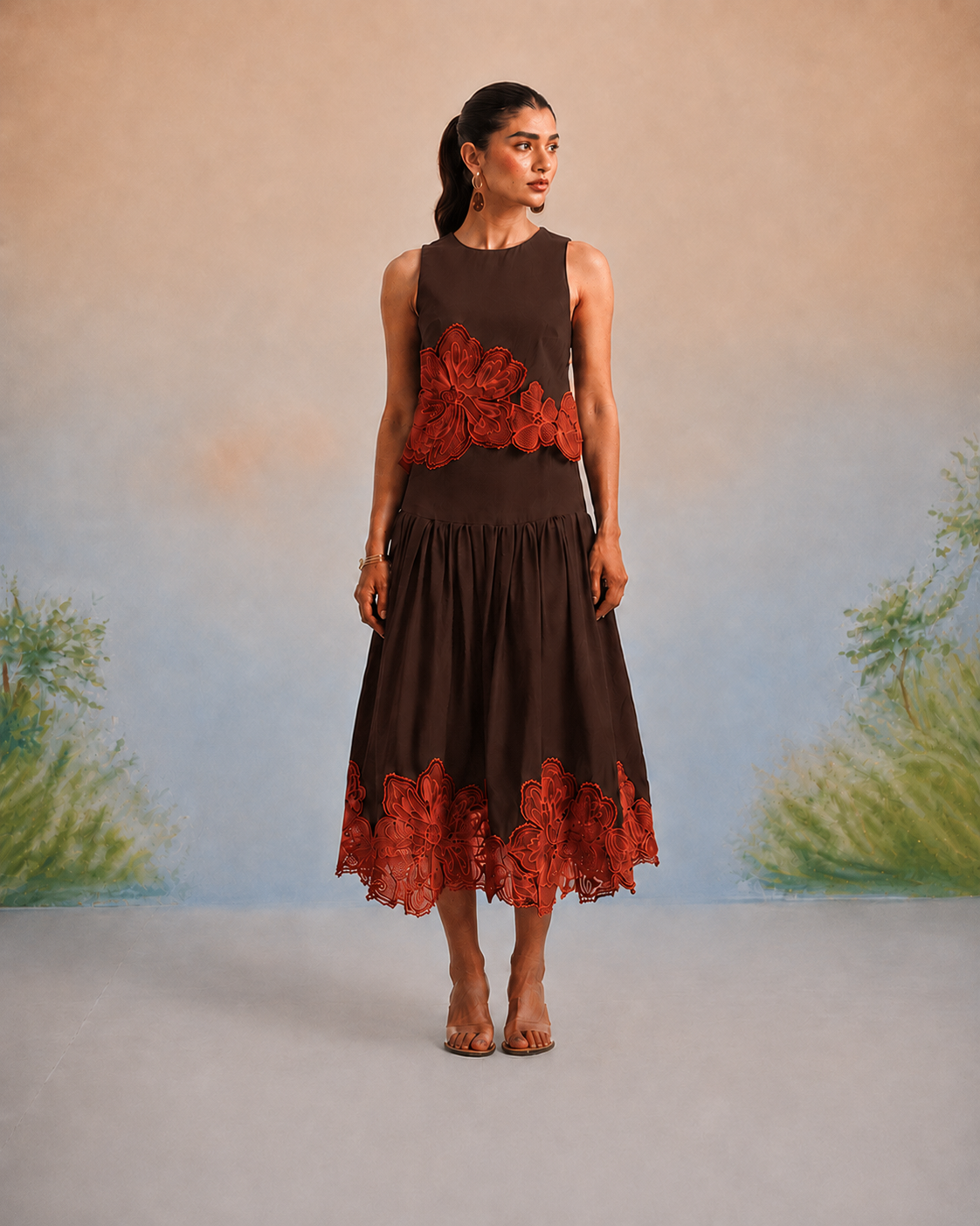 Bulevar Blossom - The Valencia Espresso & Terracotta Appliqué Skirt Set