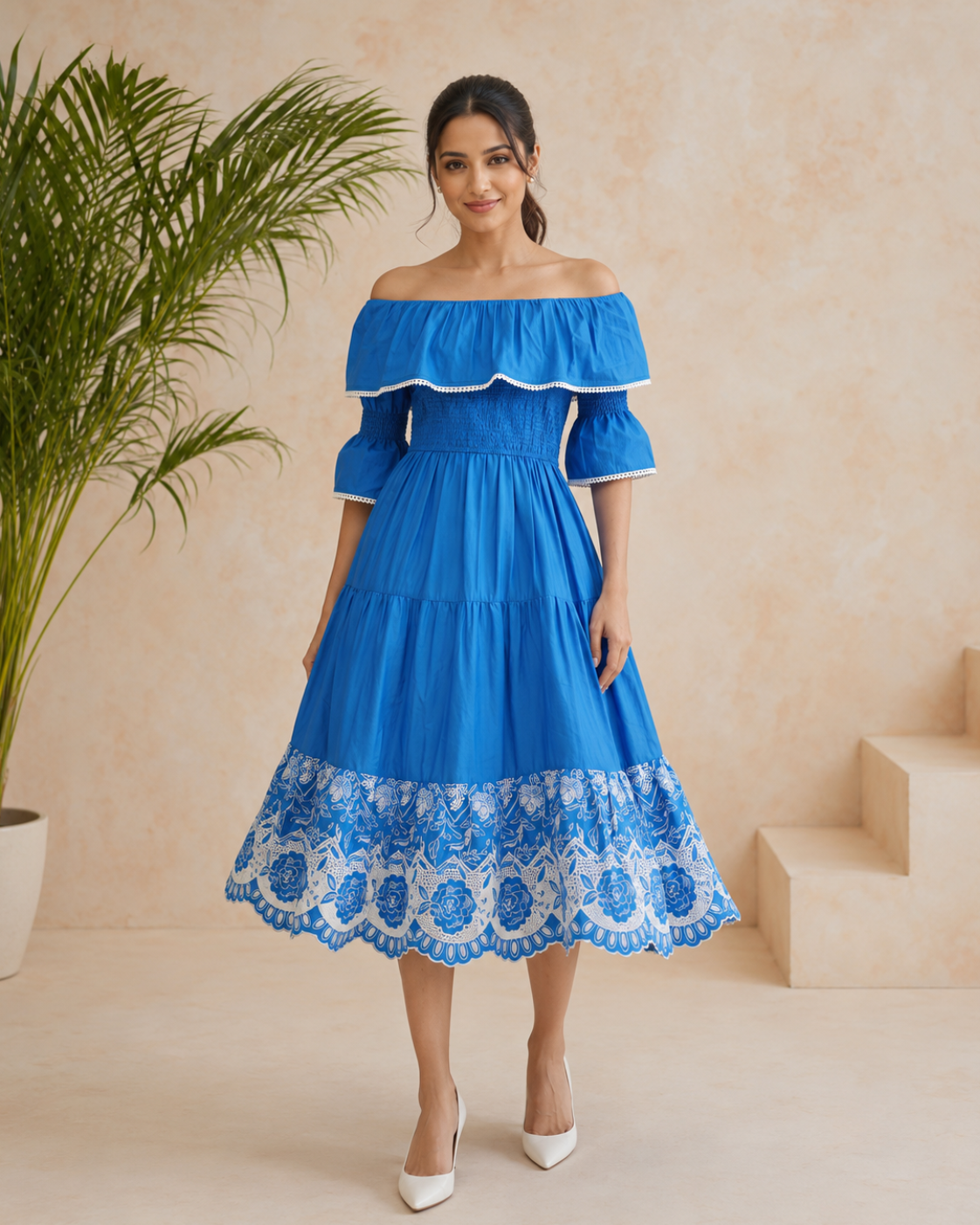 Tropical Oasis - The Santorini Blue Embroidered Midi Dress