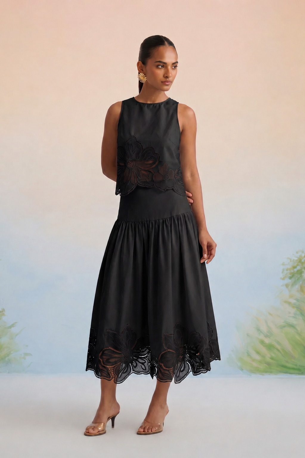 The Onyx Black Floral Appliqué Skirt Set