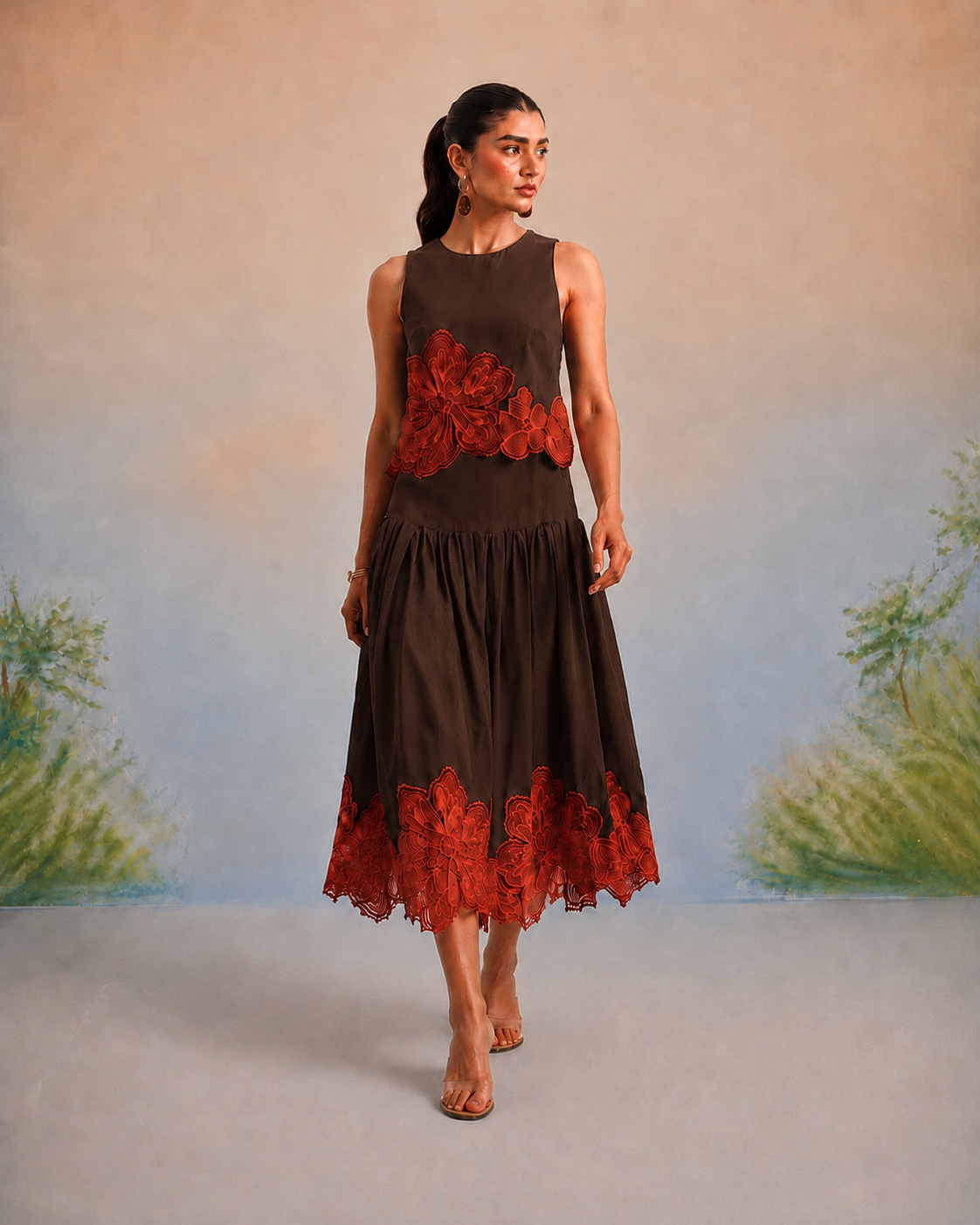 Bulevar Blossom - The Valencia Espresso & Terracotta Appliqué Skirt Set