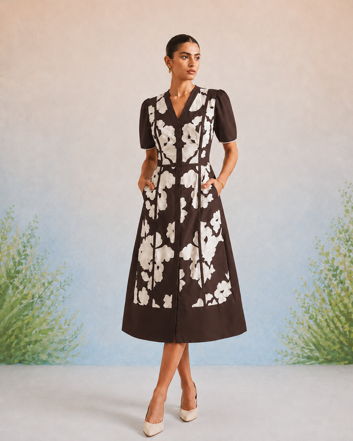 Bulevar Blossom - The Arye Espresso Appliqué Midi Dress