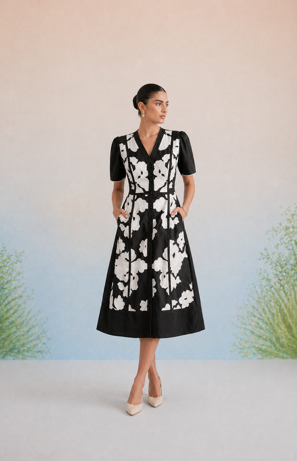 The Verona Monochrome Floral Appliqué Dress