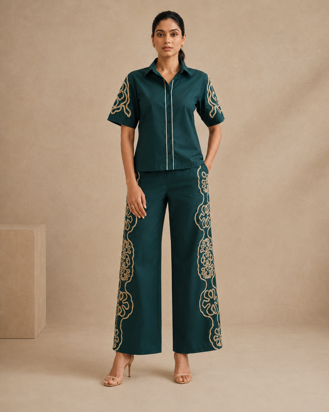 Sunset Soiree - The Jade Floral Embroidered Wide-Leg Co-ord