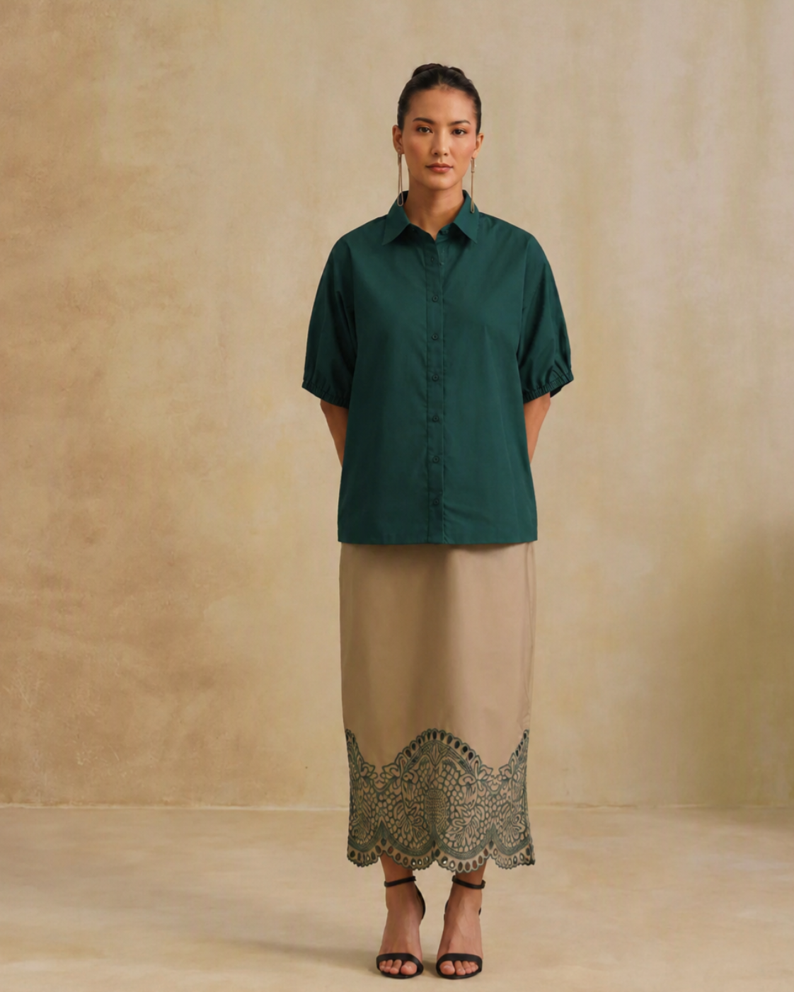 Sunset Soiree - The Eden Emerald & Sand Embroidered Skirt Set