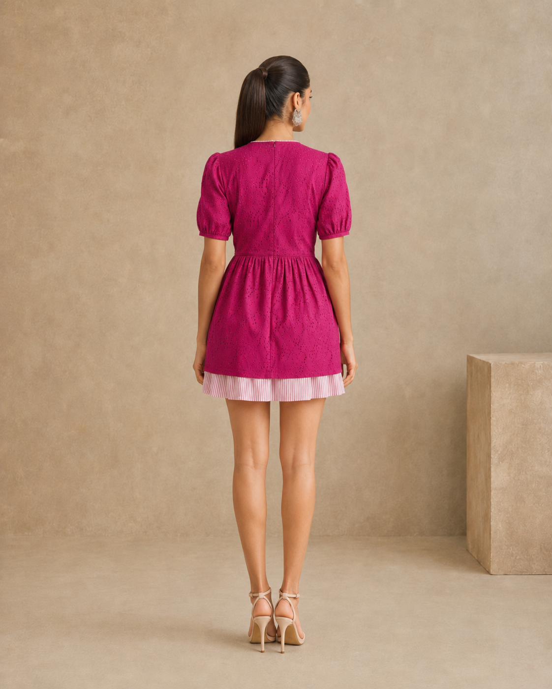 Jaskirat Kaur in The Valencia Fuchsia Eyelet Mini Dress