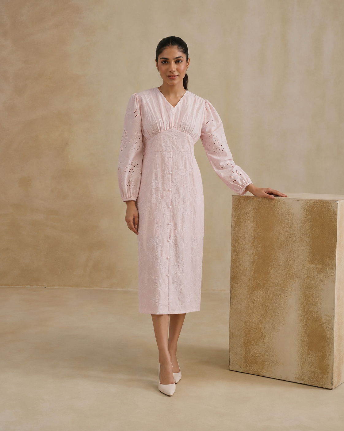 The Rosalie Powder Pink Floral Embroidered Midi Dress