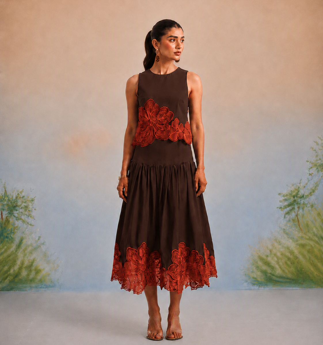The Valencia Espresso & Terracotta Appliqué Skirt Set