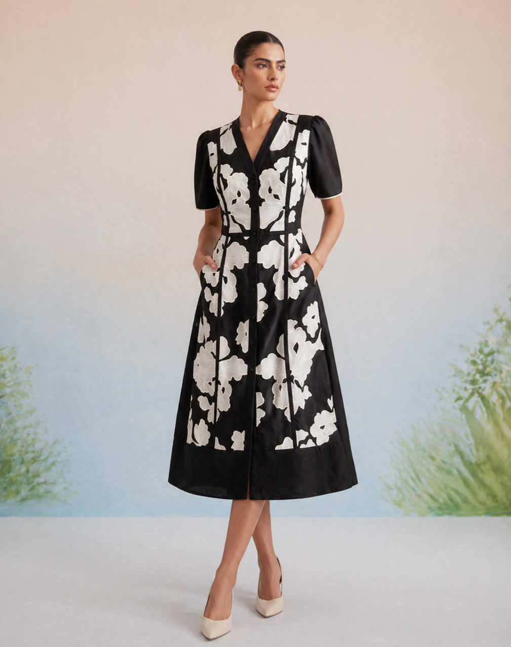 The Verona Monochrome Floral Appliqué Dress